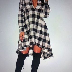 Women's Long Sleeve Asymmetrical Hem Shirt Dress Plaid Size Large